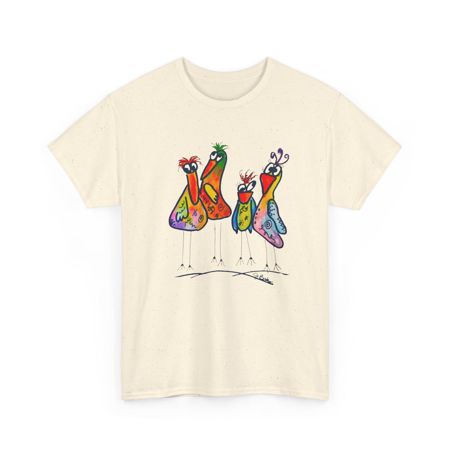 Colorful Little Bird Quartet T-Shirt — Whimsical Art Tee for Bird Lovers