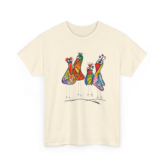 Colorful Little Bird Quartet T-Shirt — Whimsical Art Tee for Bird Lovers