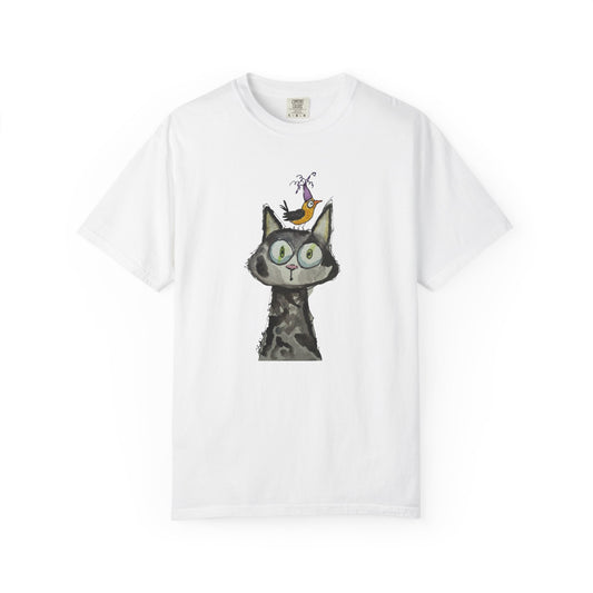 Cat Portrait T‑Shirt with Bird Hat — Whimsical Illustration Tee for Cat Lovers