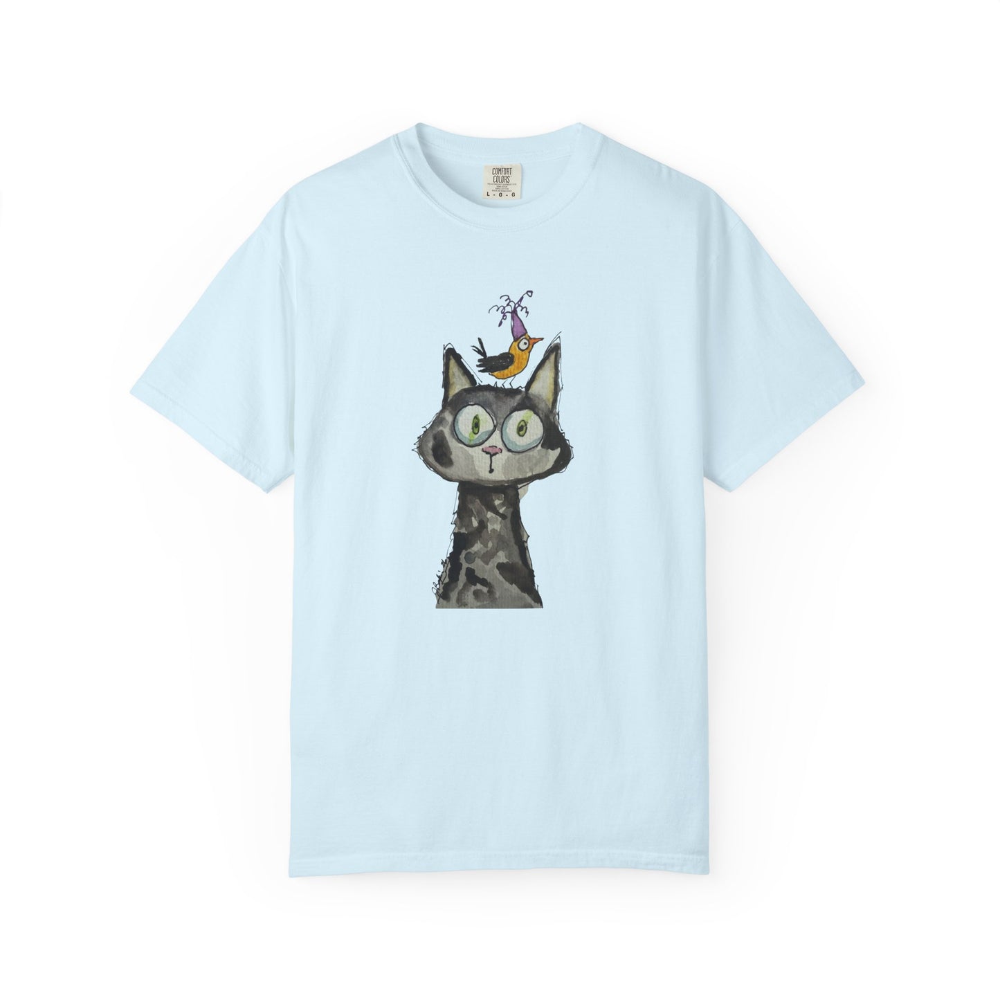 Cat Portrait T‑Shirt with Bird Hat — Whimsical Illustration Tee for Cat Lovers