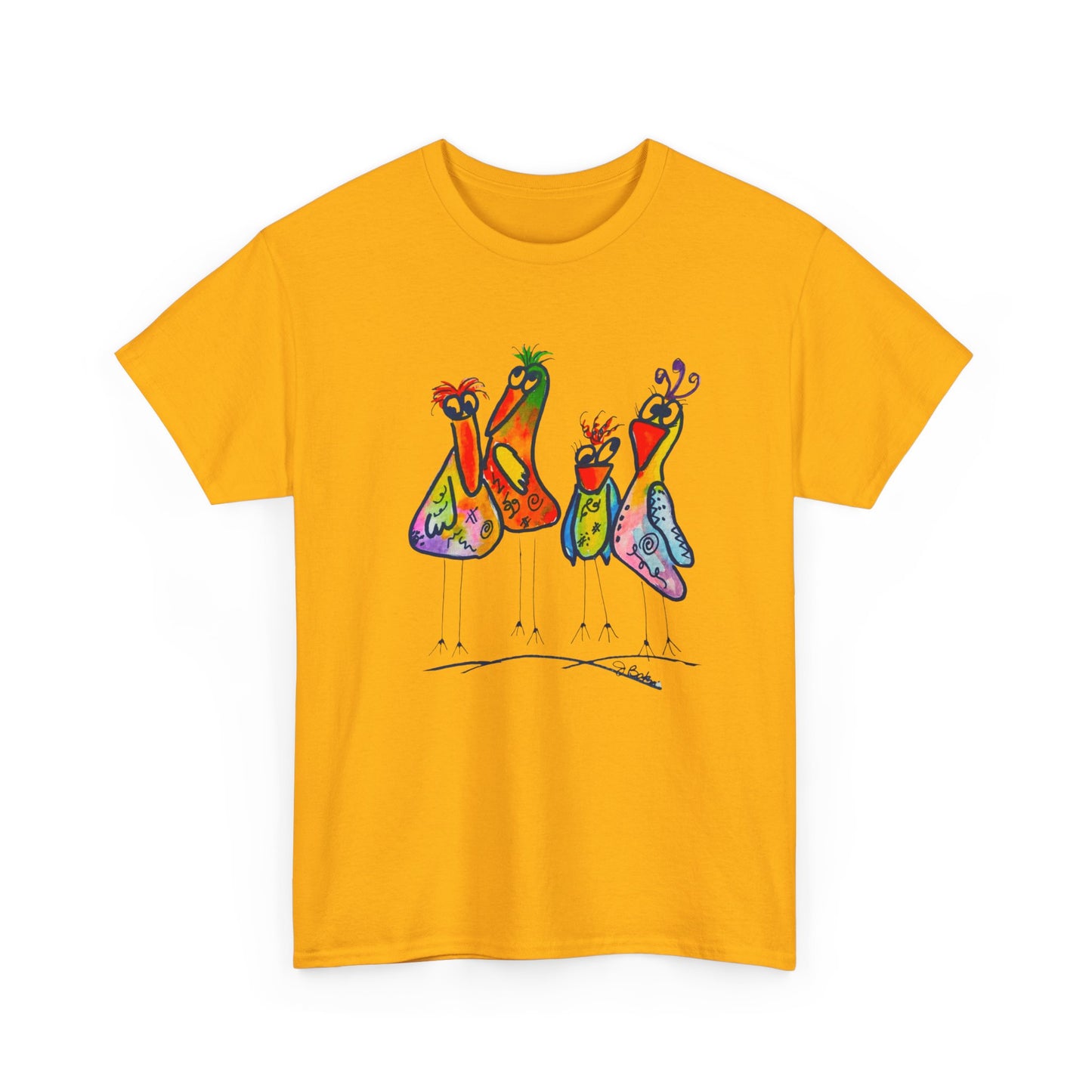 Colorful Little Bird Quartet T-Shirt — Whimsical Art Tee for Bird Lovers