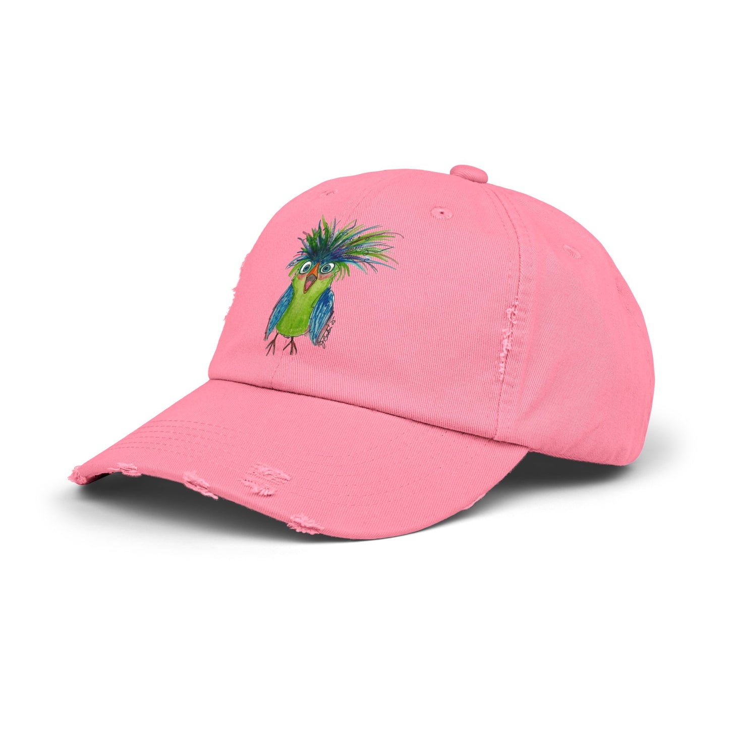 Distressed Dad Hat with Colorful Tropical Bird Embroidery
