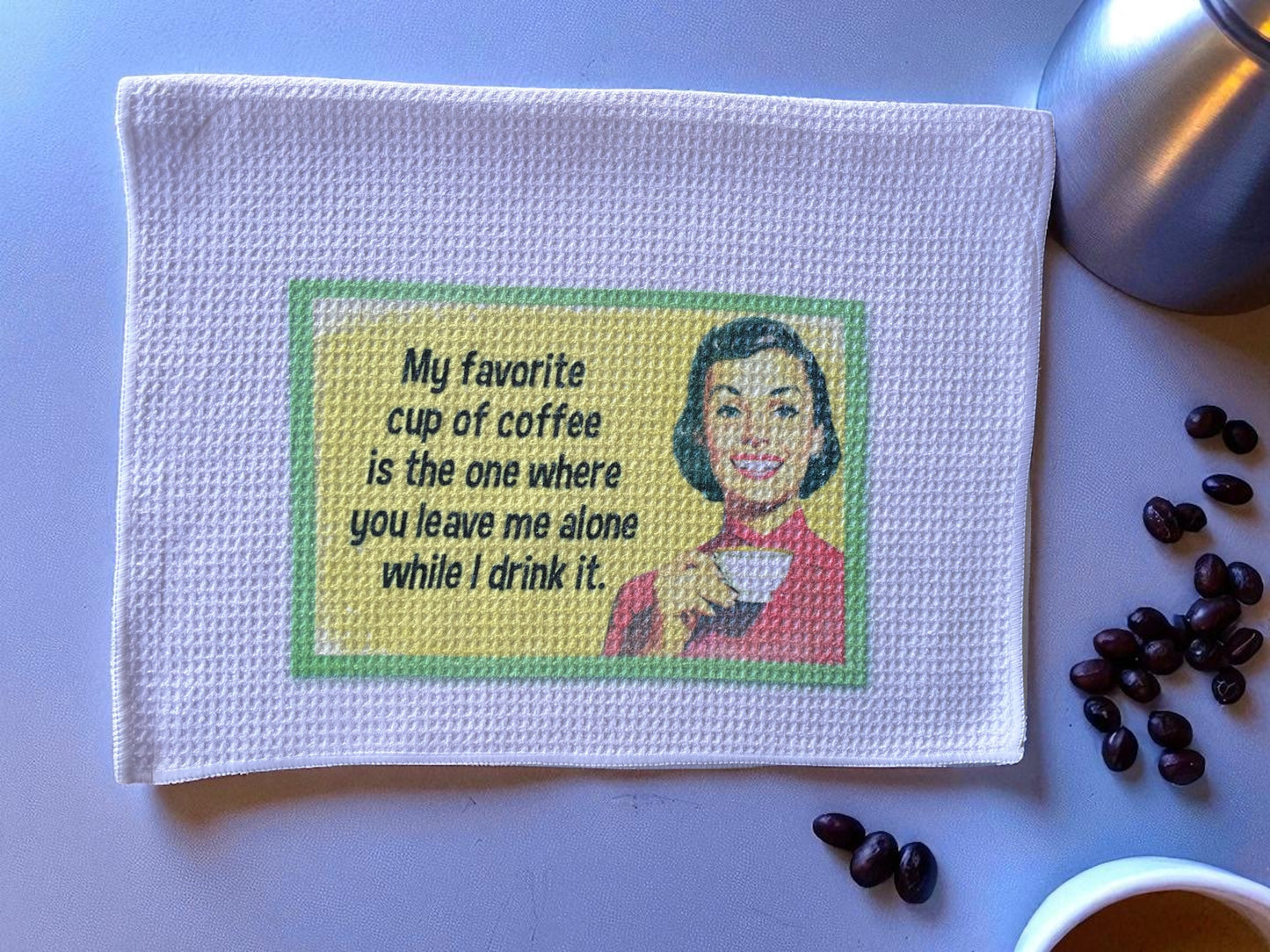 Retro woman drinking coffee funny decorative towel