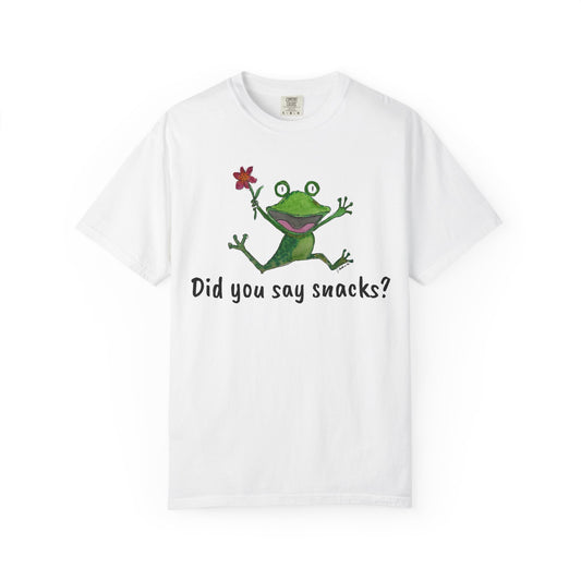 Did You Say Snacks? Frog T-Shirt — Playful Vintage Garment-Dyed Tee