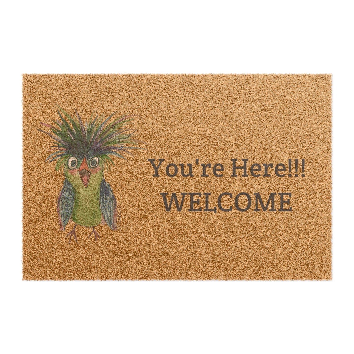 Welcome Parrot Doormat — "You're Here!! WELCOME" Funny Tropical Coir Door Mat