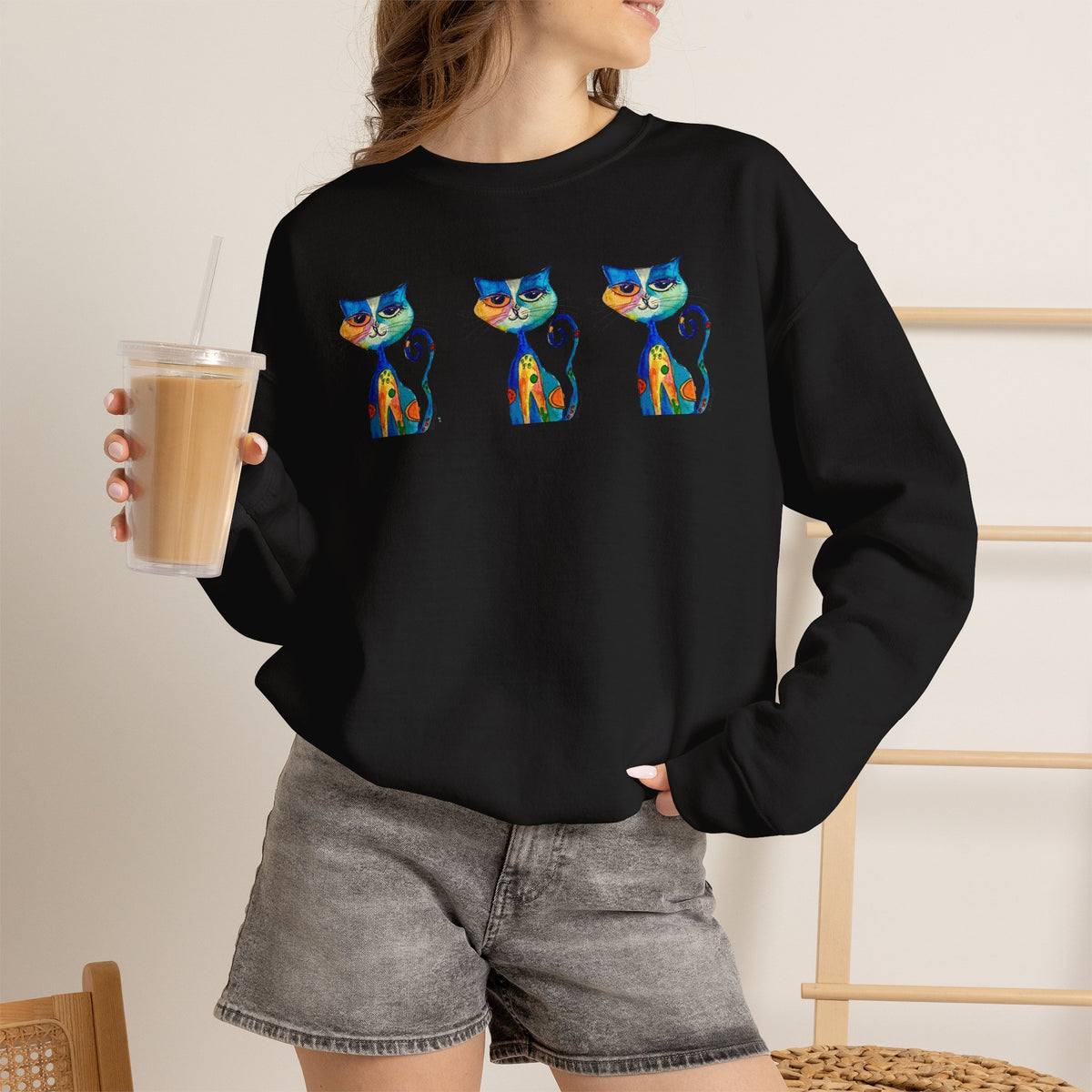 Colorful Cat Trio Crewneck Sweatshirt
