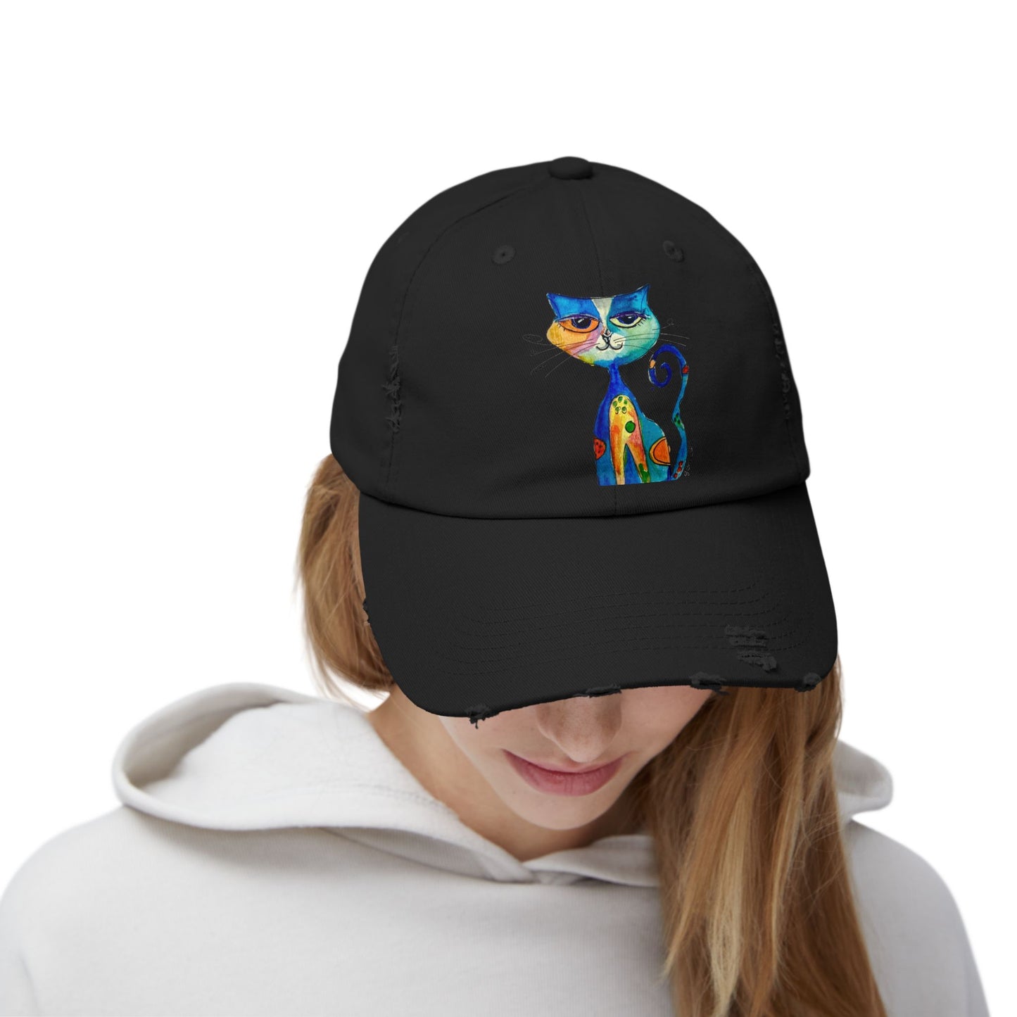 Cat Art Distressed Cap — Colorful Watercolor Cat Hat