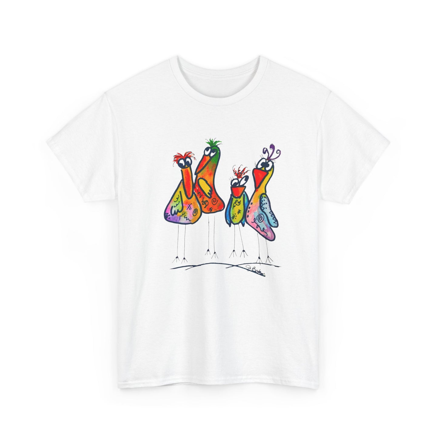 Colorful Little Bird Quartet T-Shirt — Whimsical Art Tee for Bird Lovers