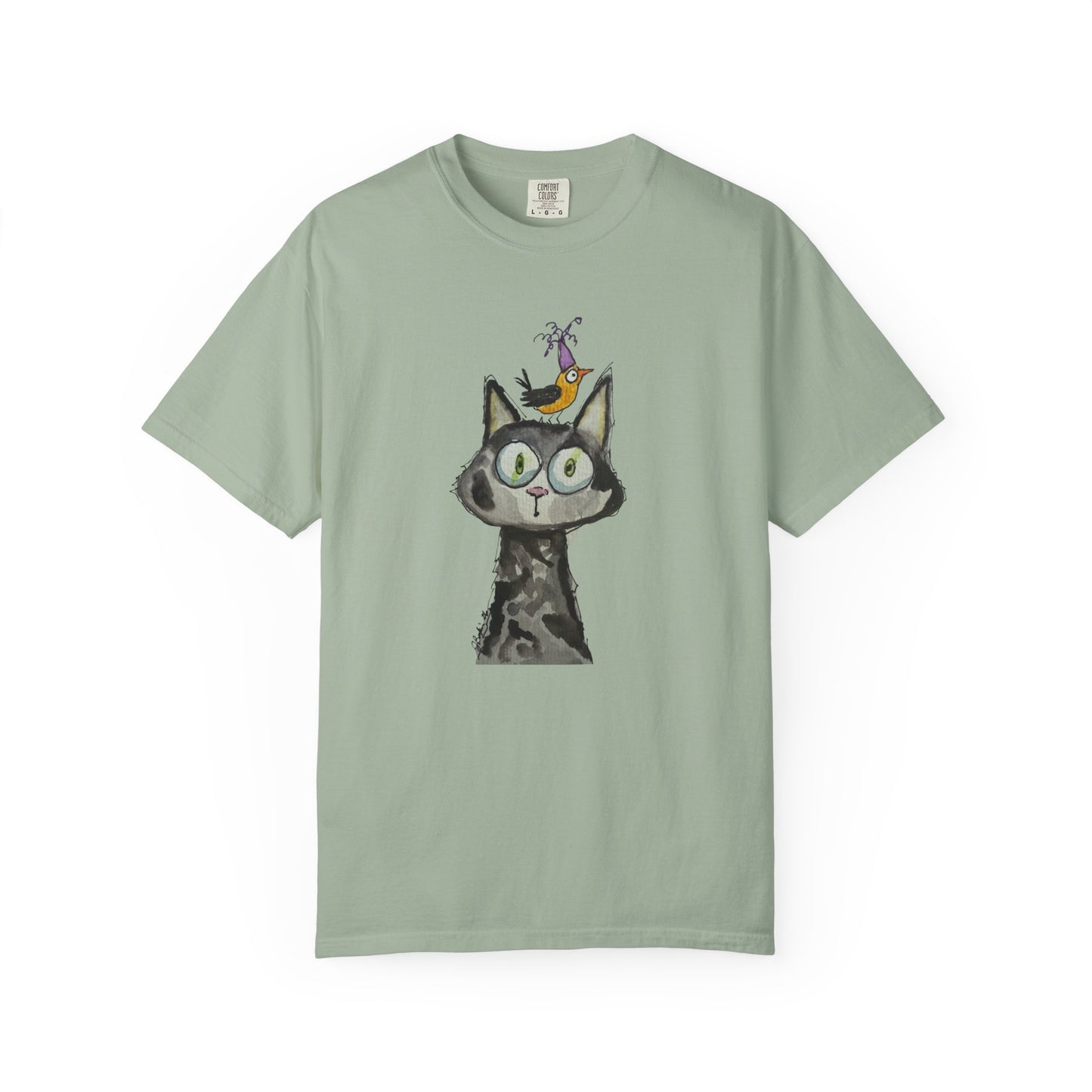 Cat Portrait T‑Shirt with Bird Hat — Whimsical Illustration Tee for Cat Lovers