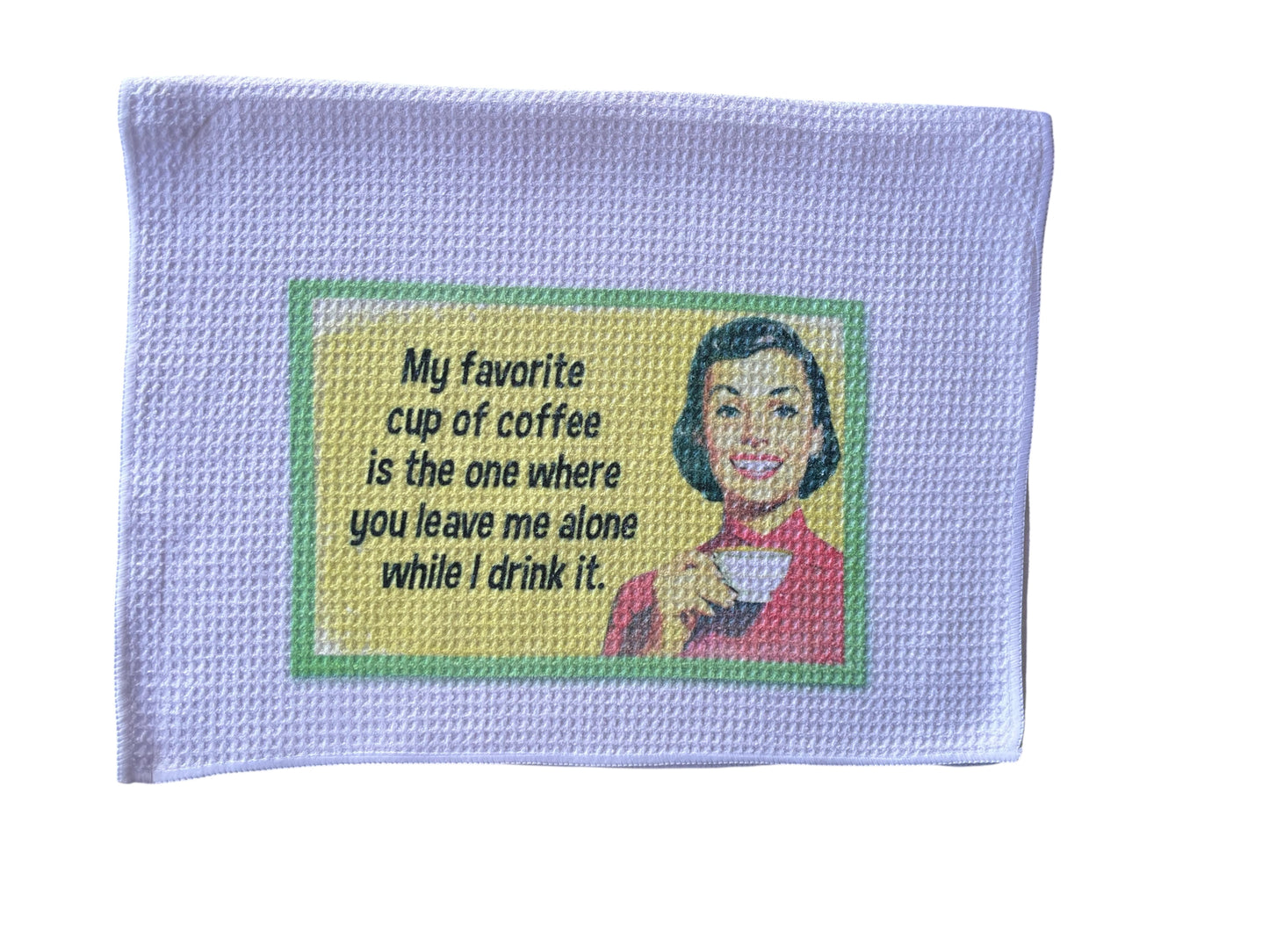 Retro woman drinking coffee funny decorative towel