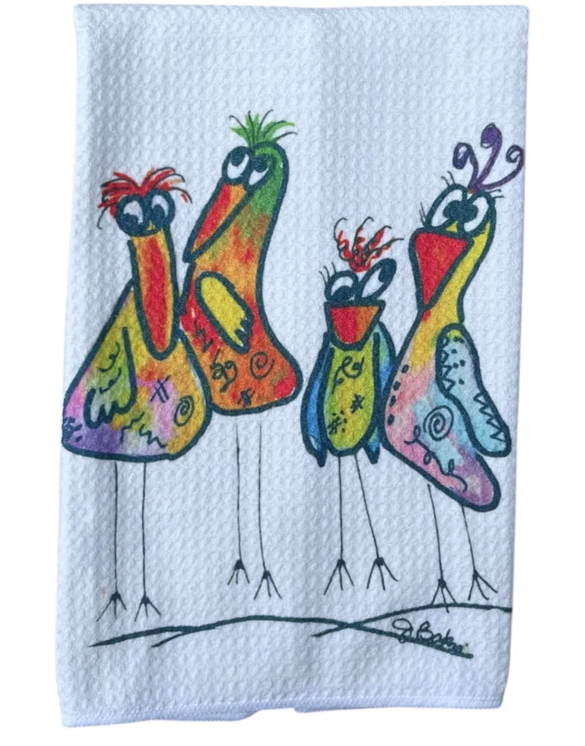 Colorful birds waffle knit kitchen dish towel