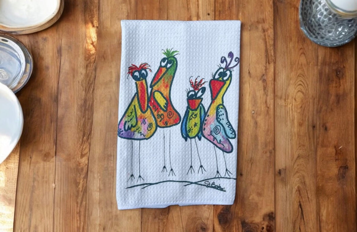 Colorful birds waffle knit kitchen dish towel