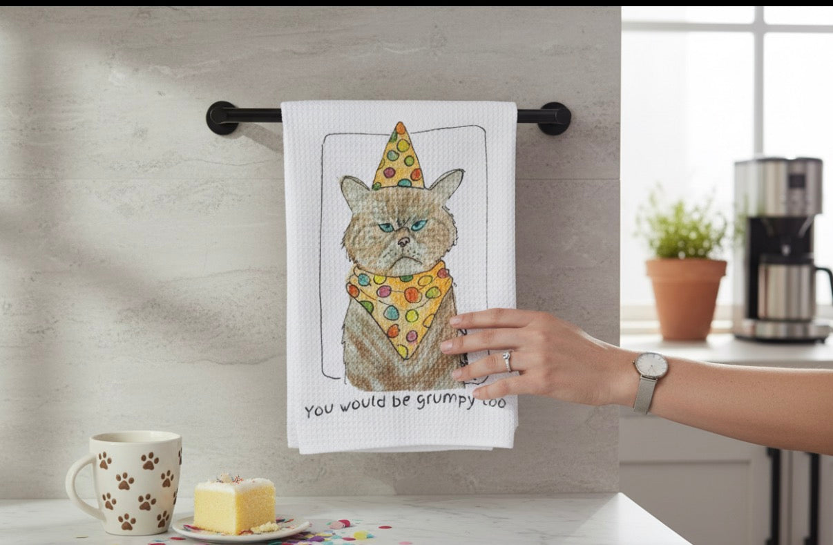 Grumpy birthday cat decorative towel