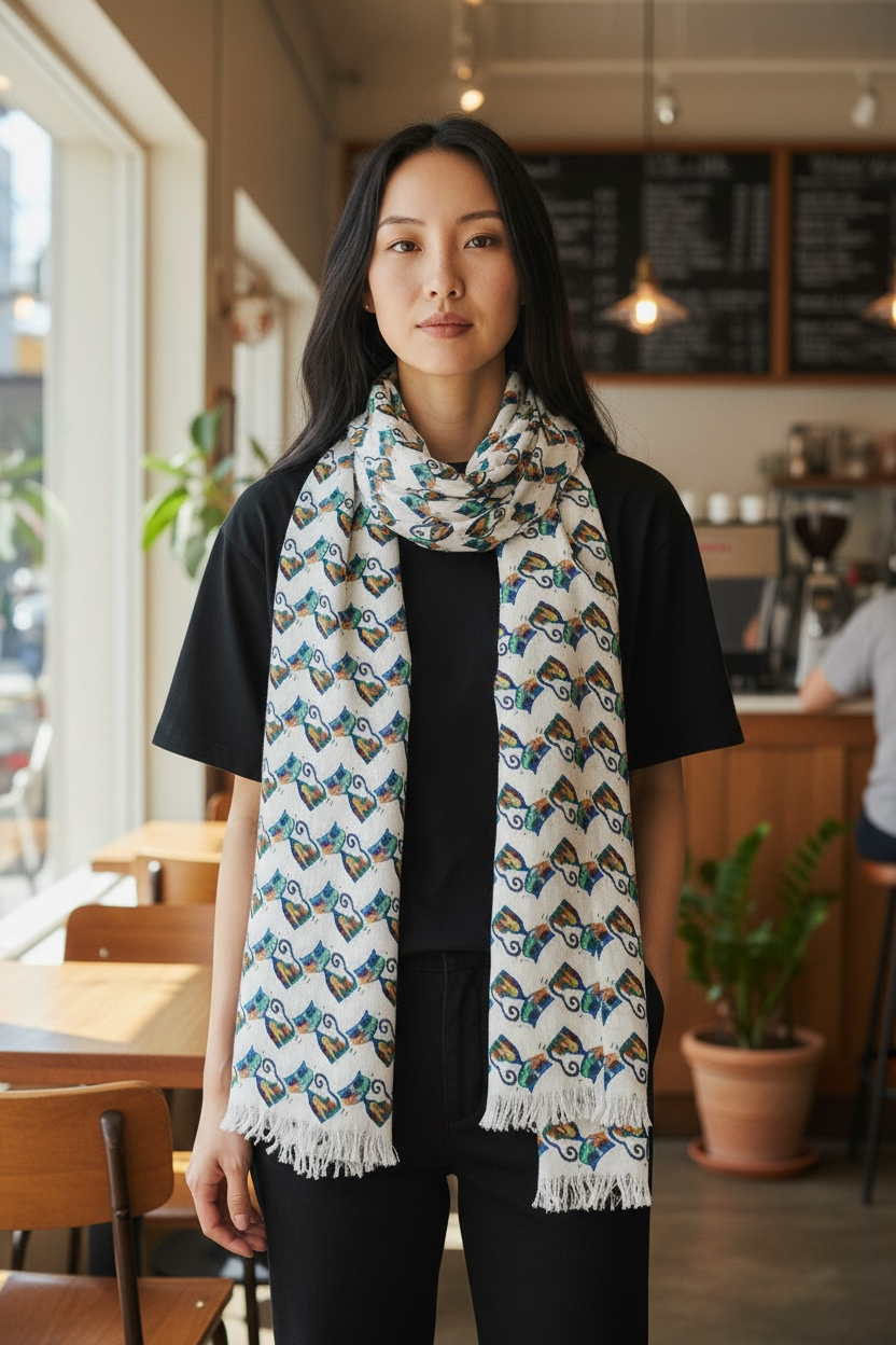 Light Scarf — Lightweight Cat Pattern Scarf in Soft Blue & Grey