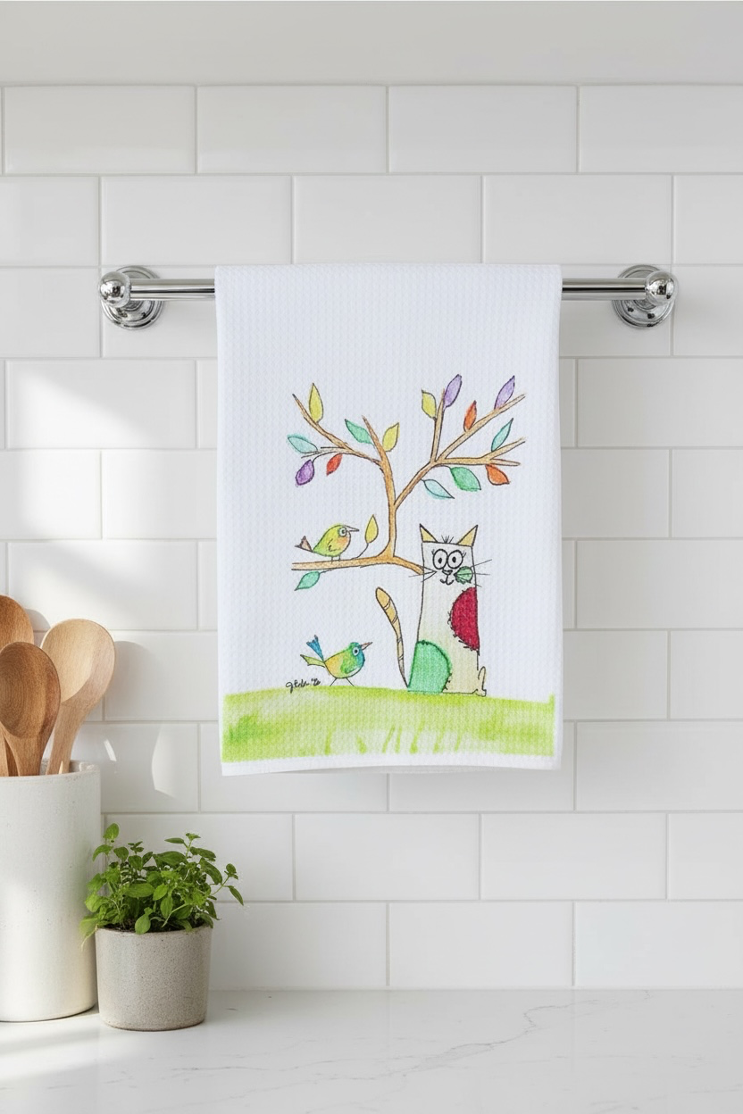 Cat with birds in tree decorative dish towel