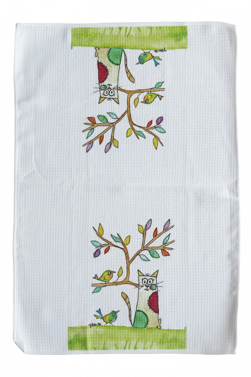 Cat with birds in tree decorative dish towel