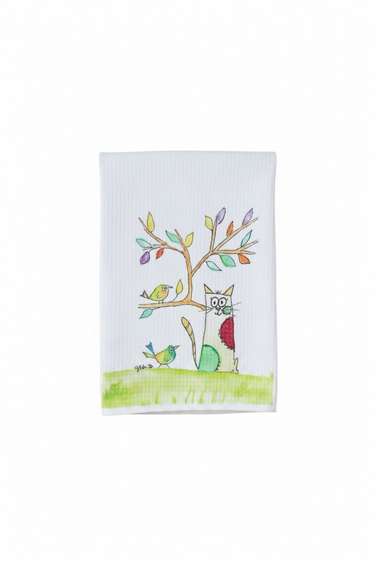 Cat with birds in tree decorative dish towel