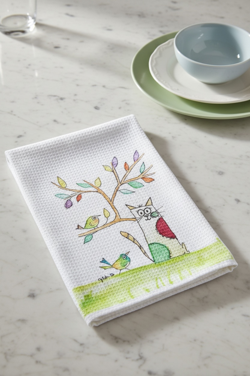 Cat with birds in tree decorative dish towel
