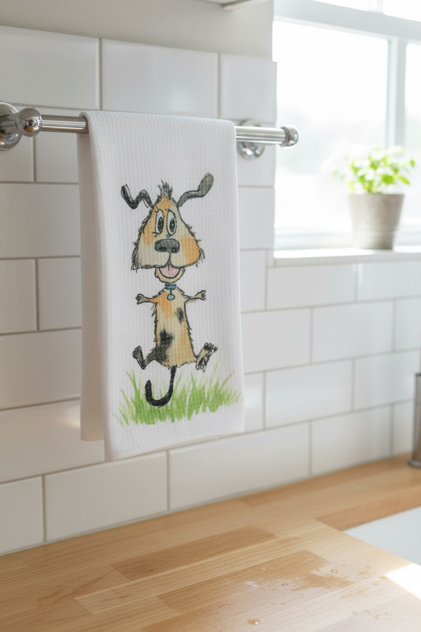 Excited little dog decorative dish towel