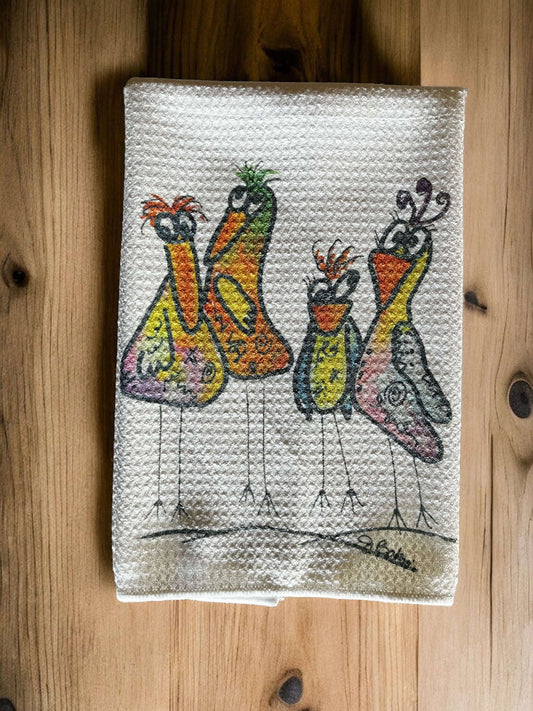 Colorful birds waffle knit kitchen towel