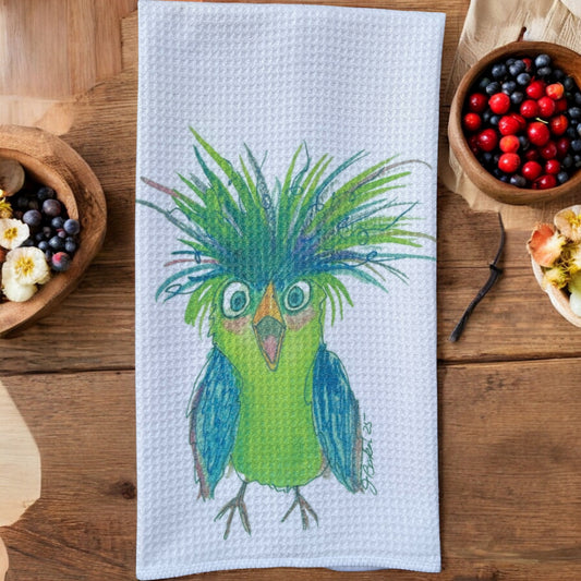 Surprized bird dish towel