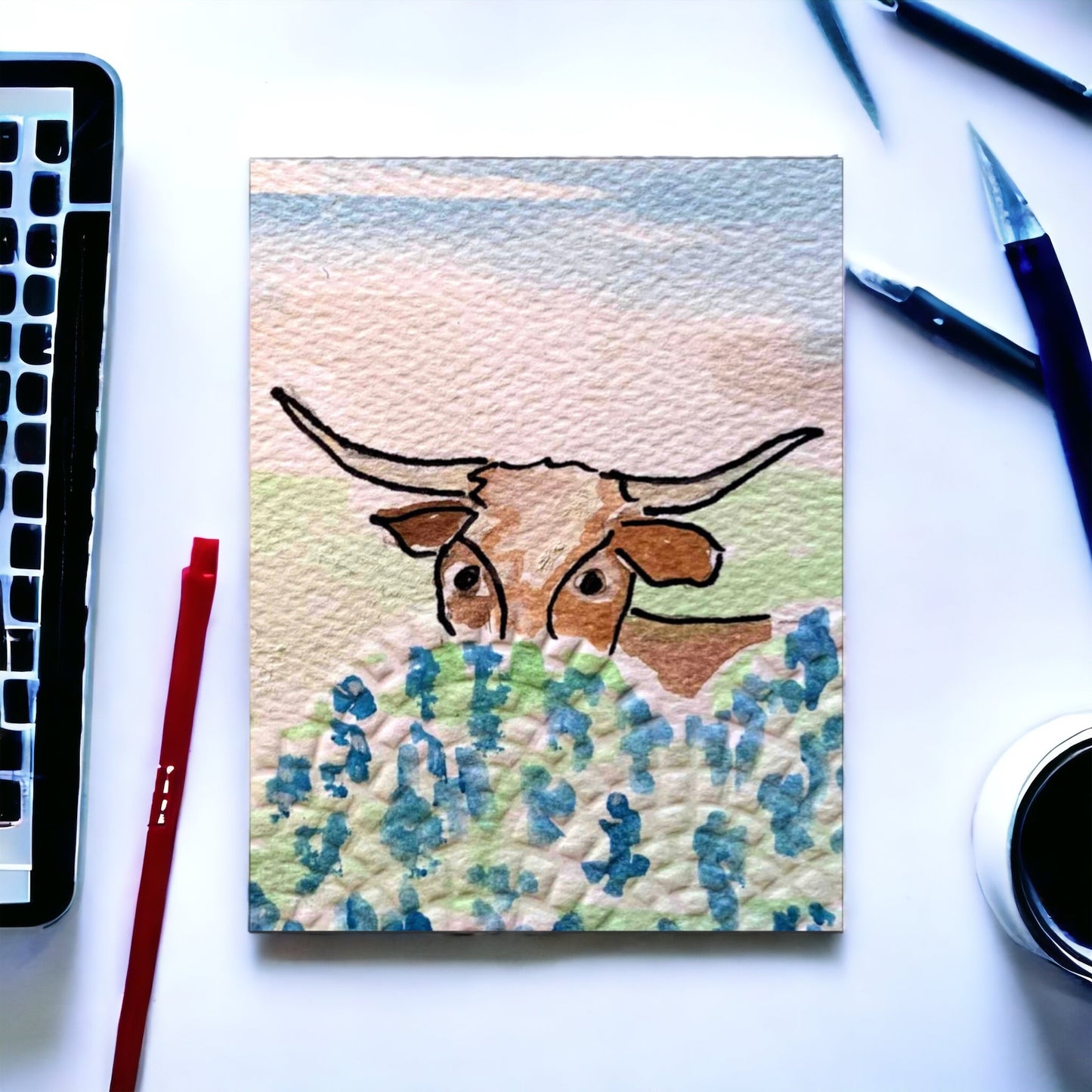 Longhorn in the bluebonnets notecard