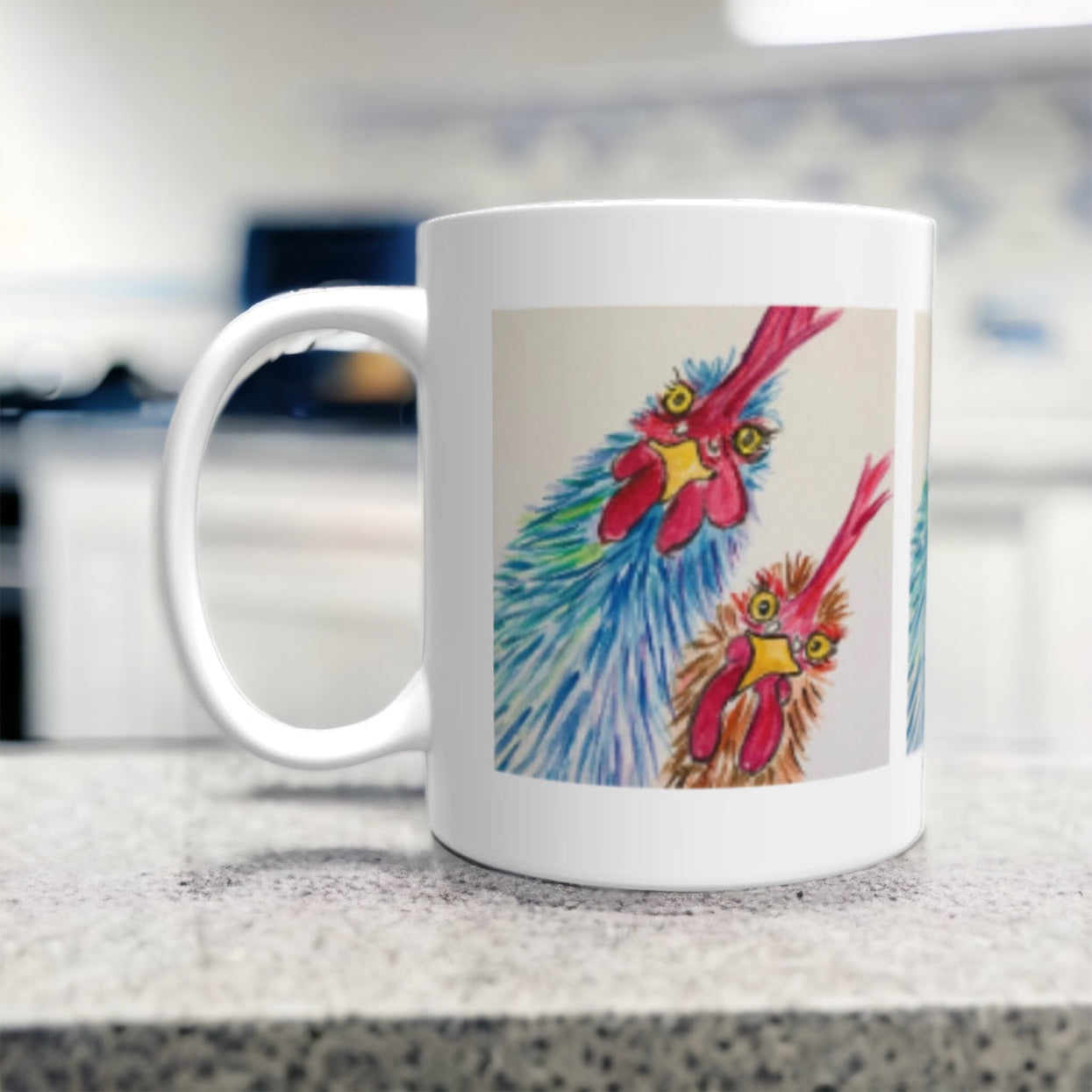 Two funky chickens on a mug