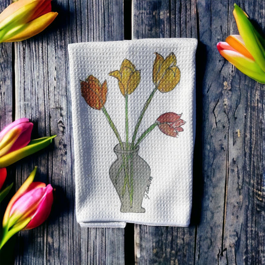 Tulips in a vase kitchen towel