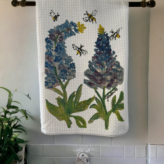 Texas Bluebonnets and Bees microfiber waffle knit towel