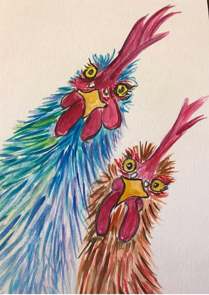 Two funky chickens notecard