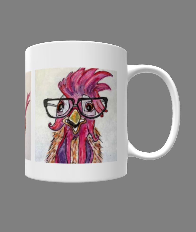 Funky chicken with glasses on a mug