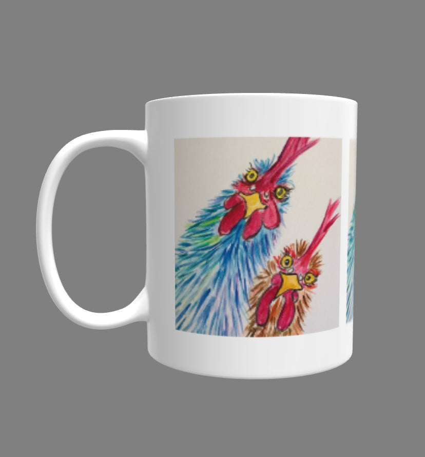 Funky chicken with glasses on a mug